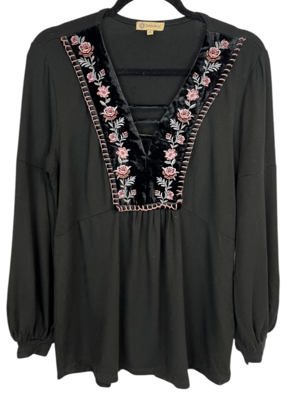 DEMOCRACY Black Velvet Floral Embroidered V-Neck Long Sleeve Boho oversized top